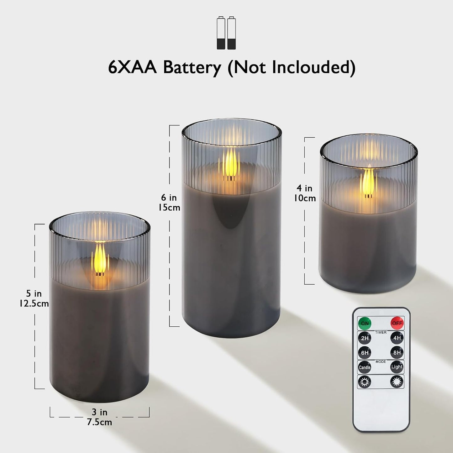 Amagic Grey Ribbed Glass Flameless Electric LED Candles with Remote Timer | Real Wax Battery Operated Candle