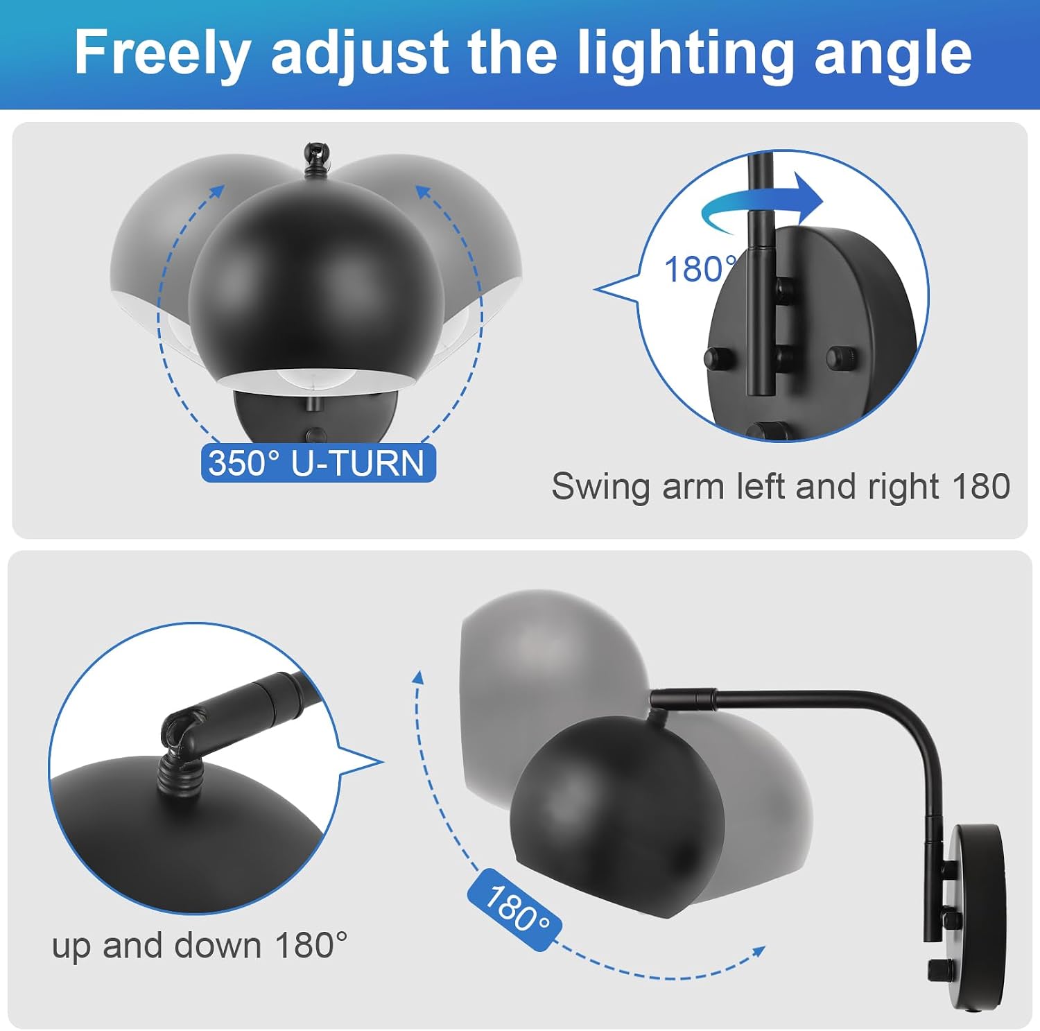 VATONI Plug in Wall Sconces, Dimmable Wall Sconce Swing Arm Wall Lights with Plug in Cord and Dimmer On/Off Knob