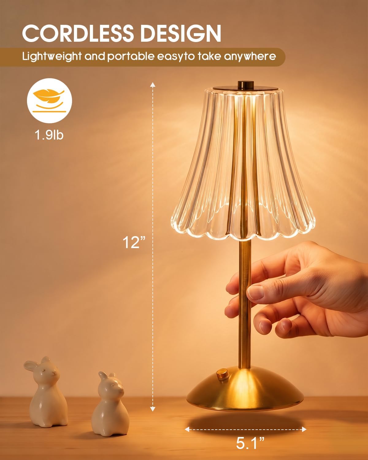 Nusogon Rechargeable Cordless Table Lamp, Gold Touch Crystal Desk Lamp | 3 Color Dimmable LED Small Lamp, Battery
