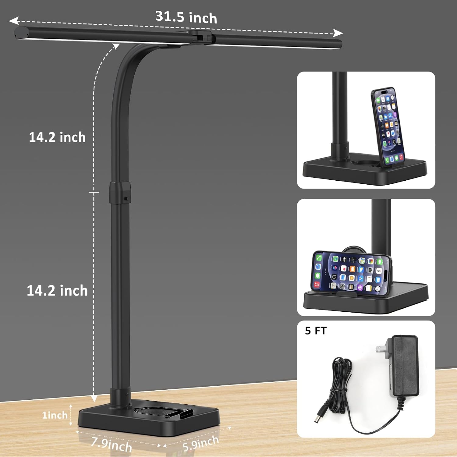 GAEFURY LED Desk Lamp for Home Office, 24W Bright Desk Lamp with Phone Holder Base - 25 Lighting Modes Eye-Caring Desk