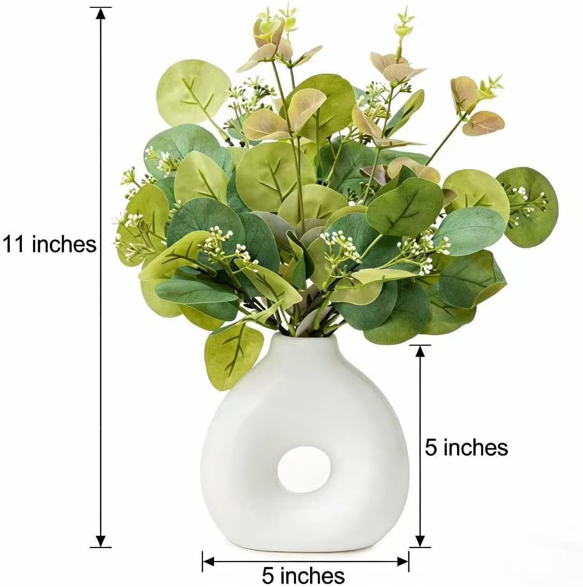 Artificial Plant in Ceramic Donut Vase 11.5" Faux Greenery Potted Branches Realistic Leaves / Ficus