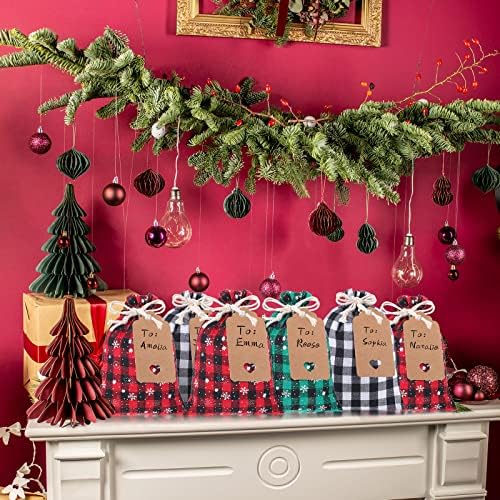 Shappy 24 Pcs Christmas Drawstring Gift Bags Xmas Buffalo Plaid Burlap Advent Bags 7 x 5 Inches Linen Treat Candy Bag with 32.8 ft Rope 24 Card(Assorted Color)