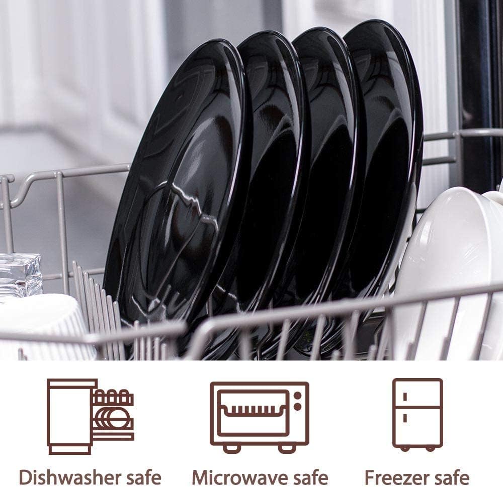 DELLING 10 Inch Black Dinner Plates Set of 4, Porcelain Round Plates - Microwave & Dishwasher Safe, Chip Resistant