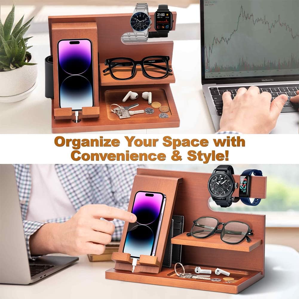 Wood Phone Docking Station - Gifts for Men Desk or Nightstand Organizer - Birthday Gifts for Husband, Fathers Day for