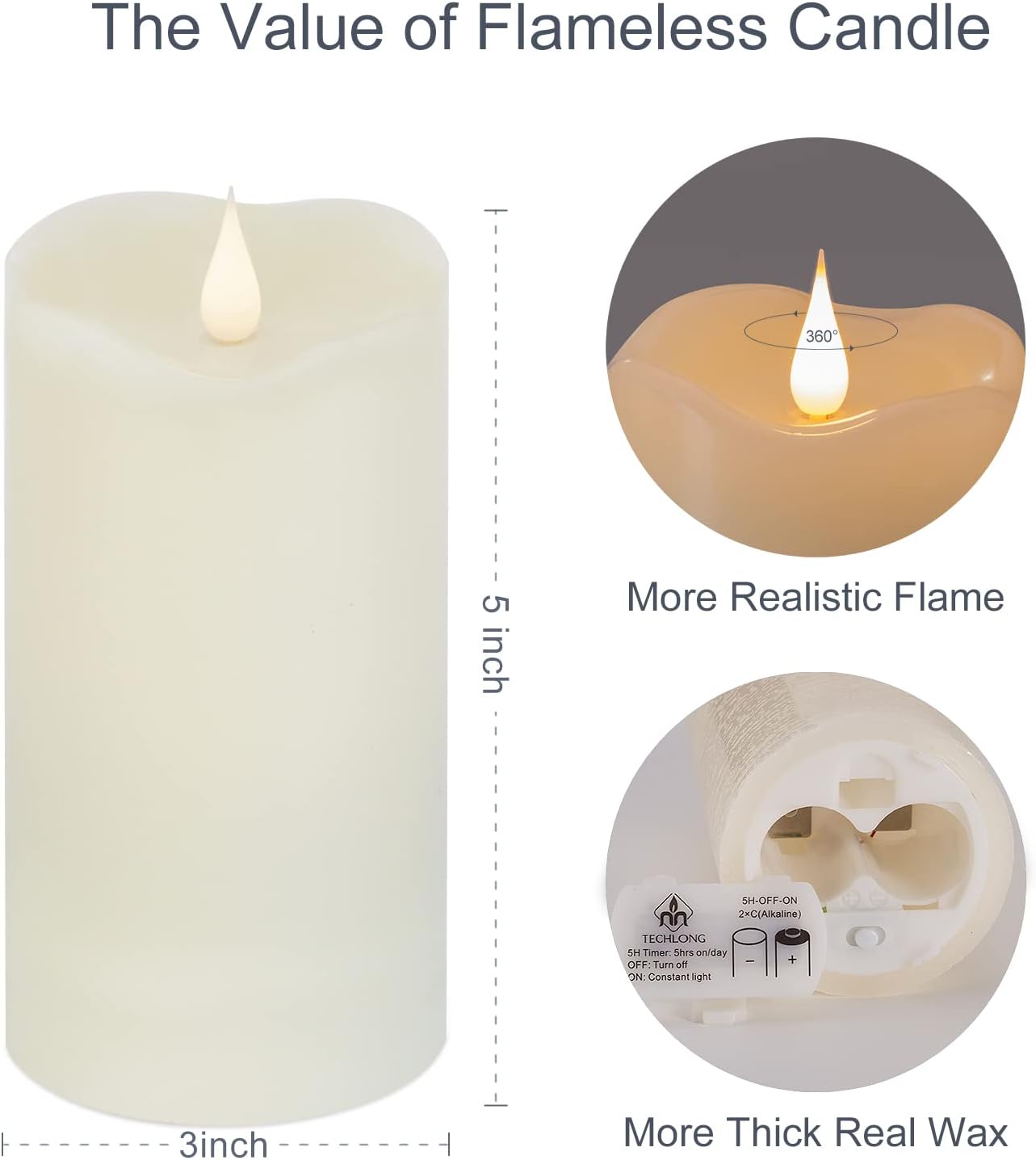 Flameless Candles with Remote Timer, 3D Moving Flickering Flame Battery Operated Candles Lasting 1000+ Hours, 3" x 5"