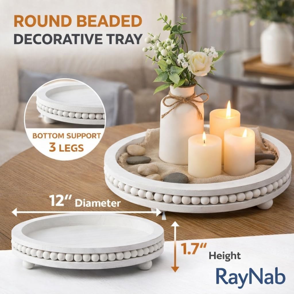 Farmhouse Round Wooden Beaded Tray