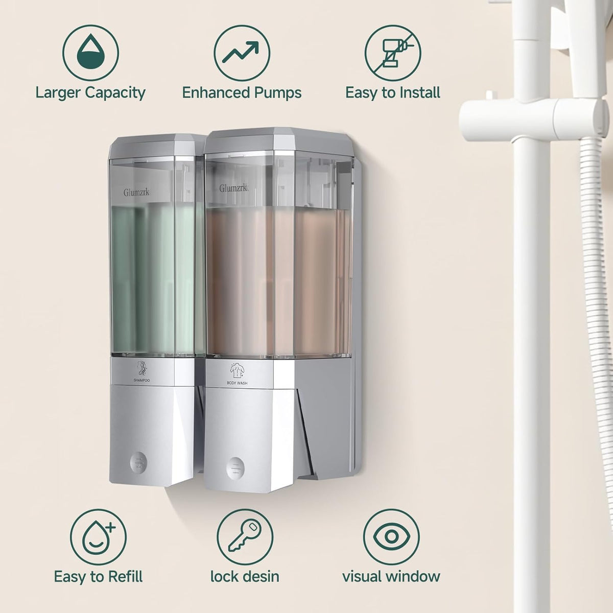 Shampoo and Conditioner Dispenser 2 Chamber No Drill Shower Soap Dispenser Wall Mounted Shampoo Conditioner Body Wash
