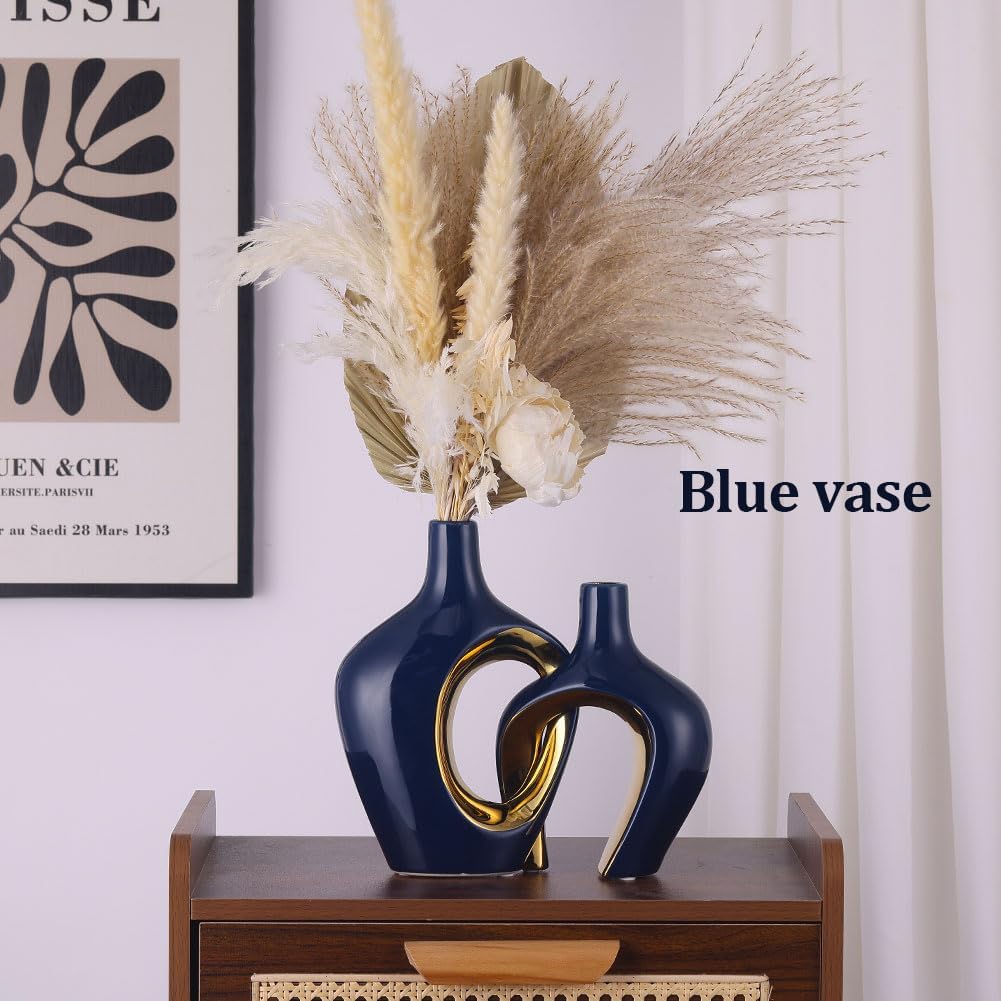 Blue Hollow Ceramic Vases / Blue and Gold / Set of 2