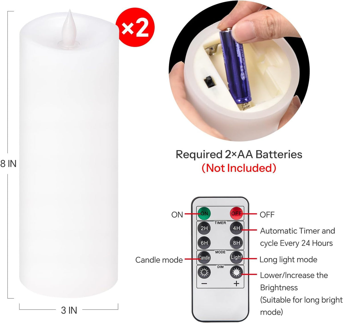2PCS, 3 x 8 inches Flameless Candle with Remote Control, 3D Flickering Wick, Real Wax, Battery Candles,with