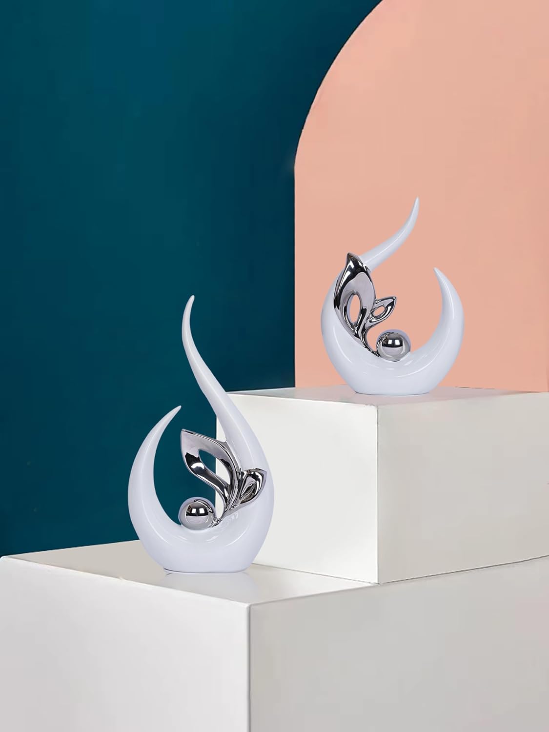 White Decor Accent Ceramic Statue Mid Century Modern Home Decor Accents / White Silver / Set of 2