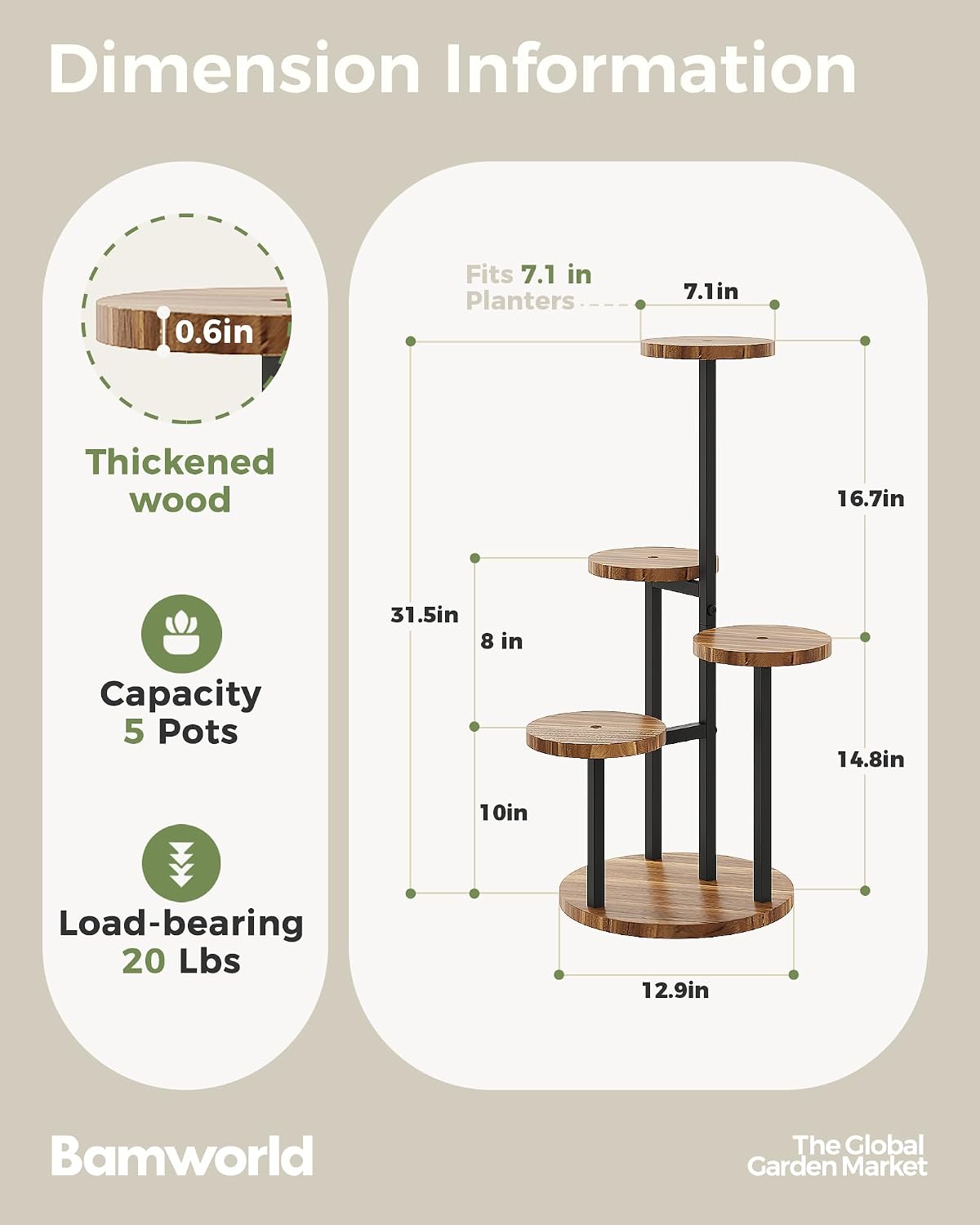 Bamworld Plant Stand Indoor Wood Plant Stand 4 Tier Brown | plant holders for Multiple Plants Tall Corner Plant Stands