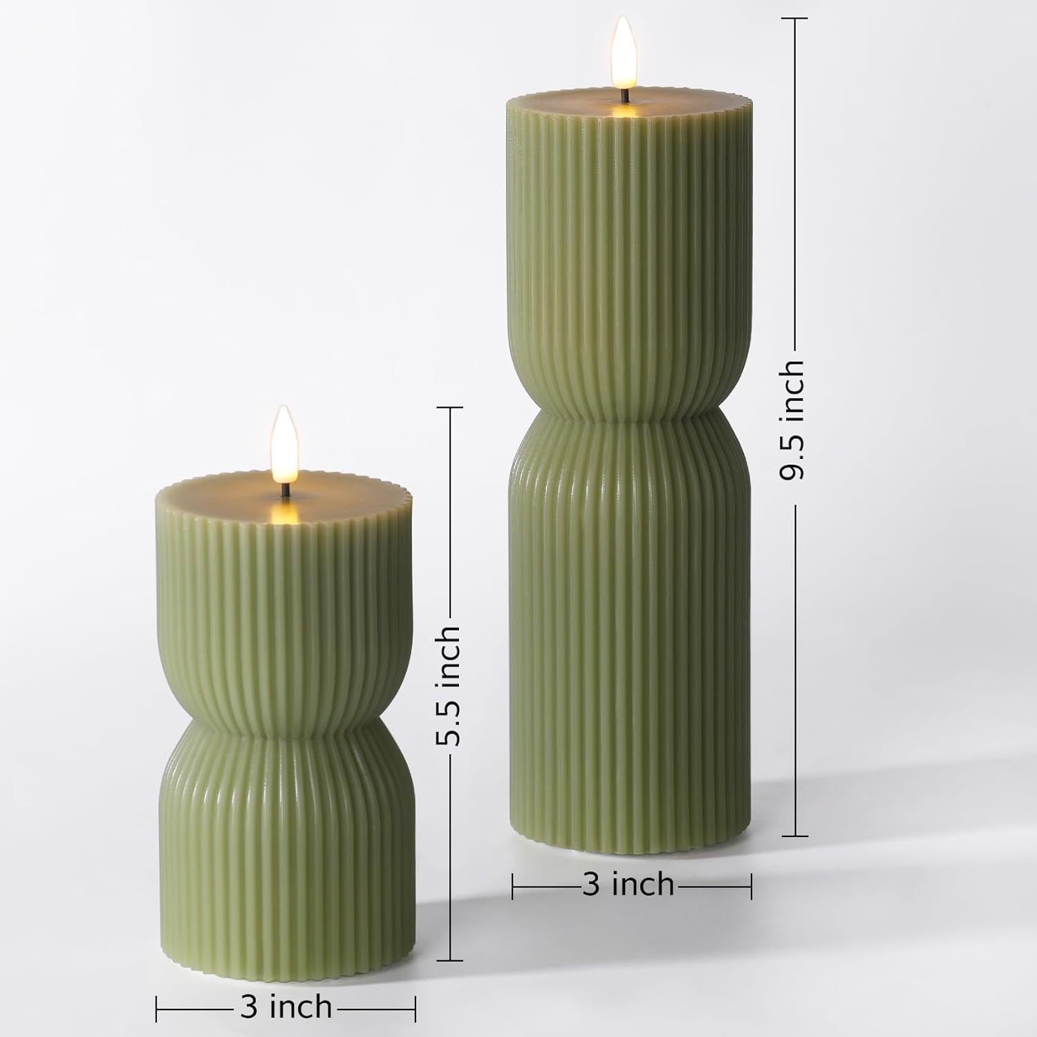 Ribbed Flameless Pillar Candles / Olive Green / Set of 2