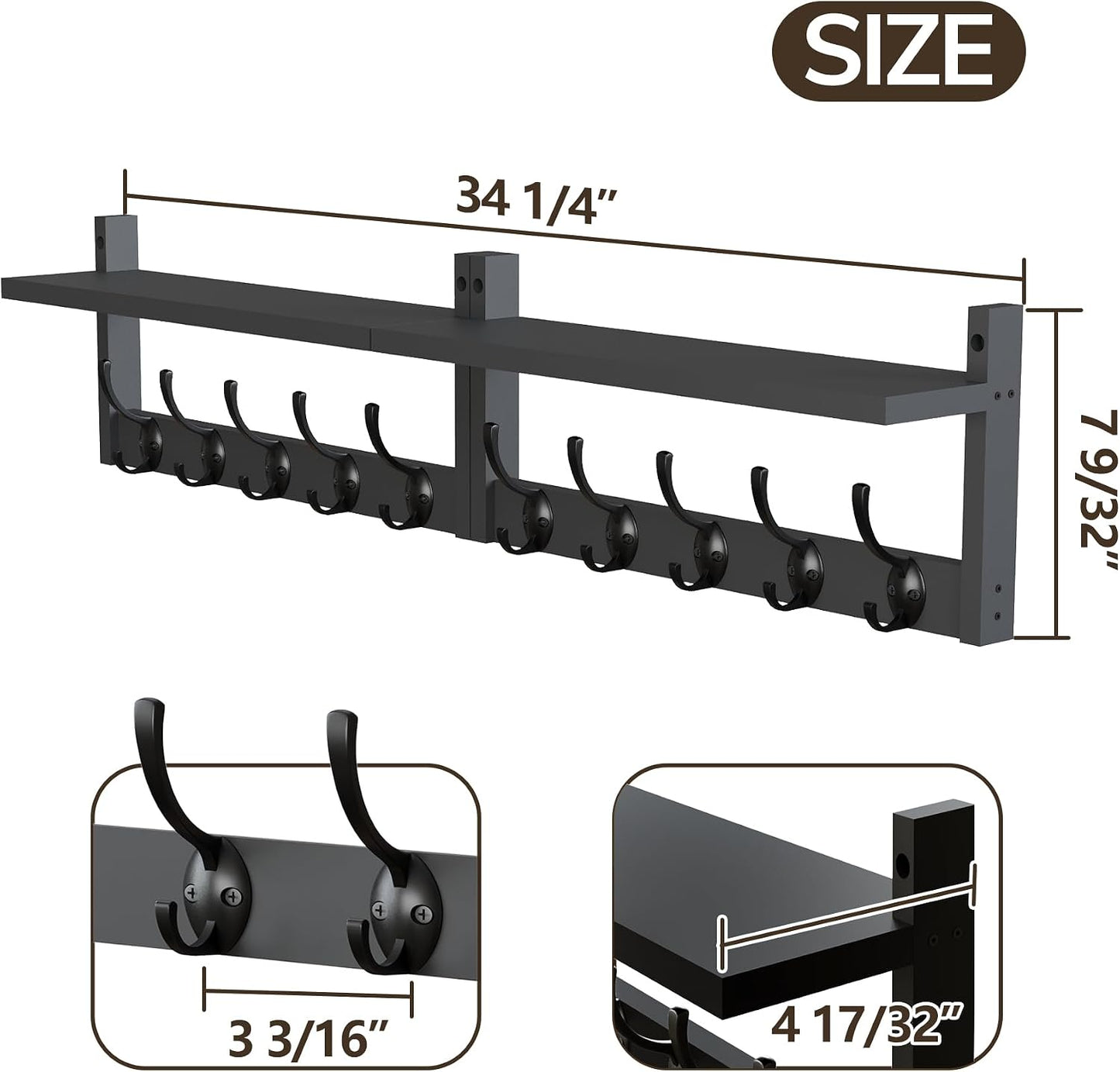 AMBIRD 34.2" Extra Long Wooden Wall Hook Rack with Shelf - Versatile and Decorative Wall-Mounted Storage with 10 Hooks