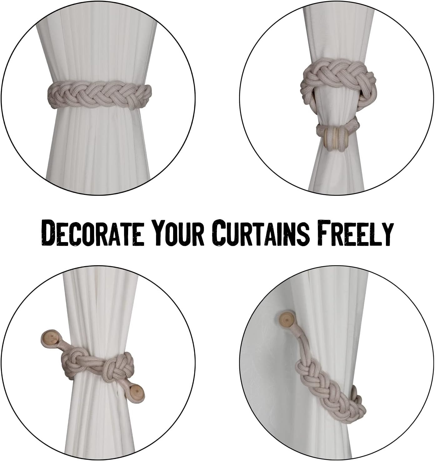 BEL AVENIR Curtain Tiebacks Magnetic 4 Pack Woven Drapery Holdback | Handmade Curtain Ties, No Drill, for Outdoor