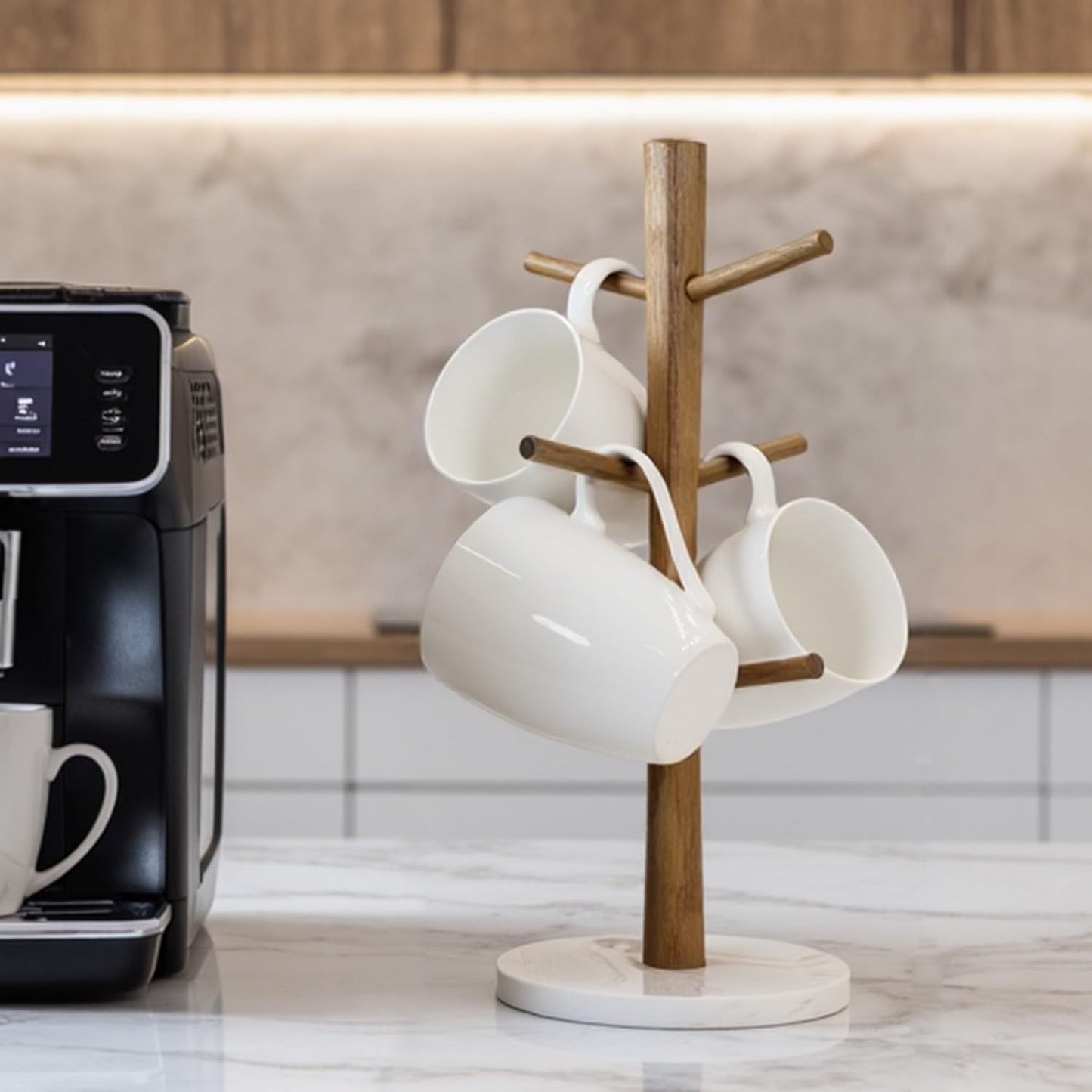 Buruis Acacia Wood Mug Holder with Marble Base, 6 Hook Mug Tree, White | Coffee Mug Rack for Countertop, Space-Saving