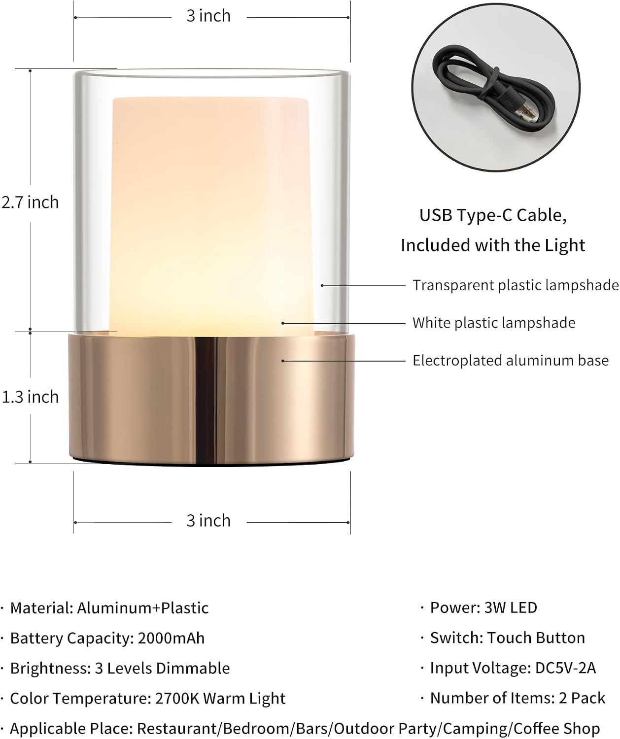 4" Gold Cordless Table Lamp 2 Pack, Outdoor Rechargeable Lamp | LED, Battery Operated, Portable, Touch Night Light for