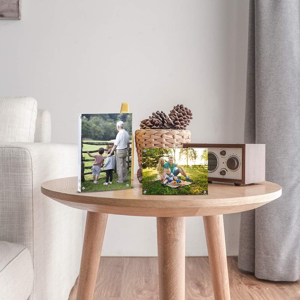 AMEITECH 5x7 Acrylic Photo Frame 2 Pack, Clear Magnetic Picture Frames, 10 + 10MM Thickness Stand in Desk or Table