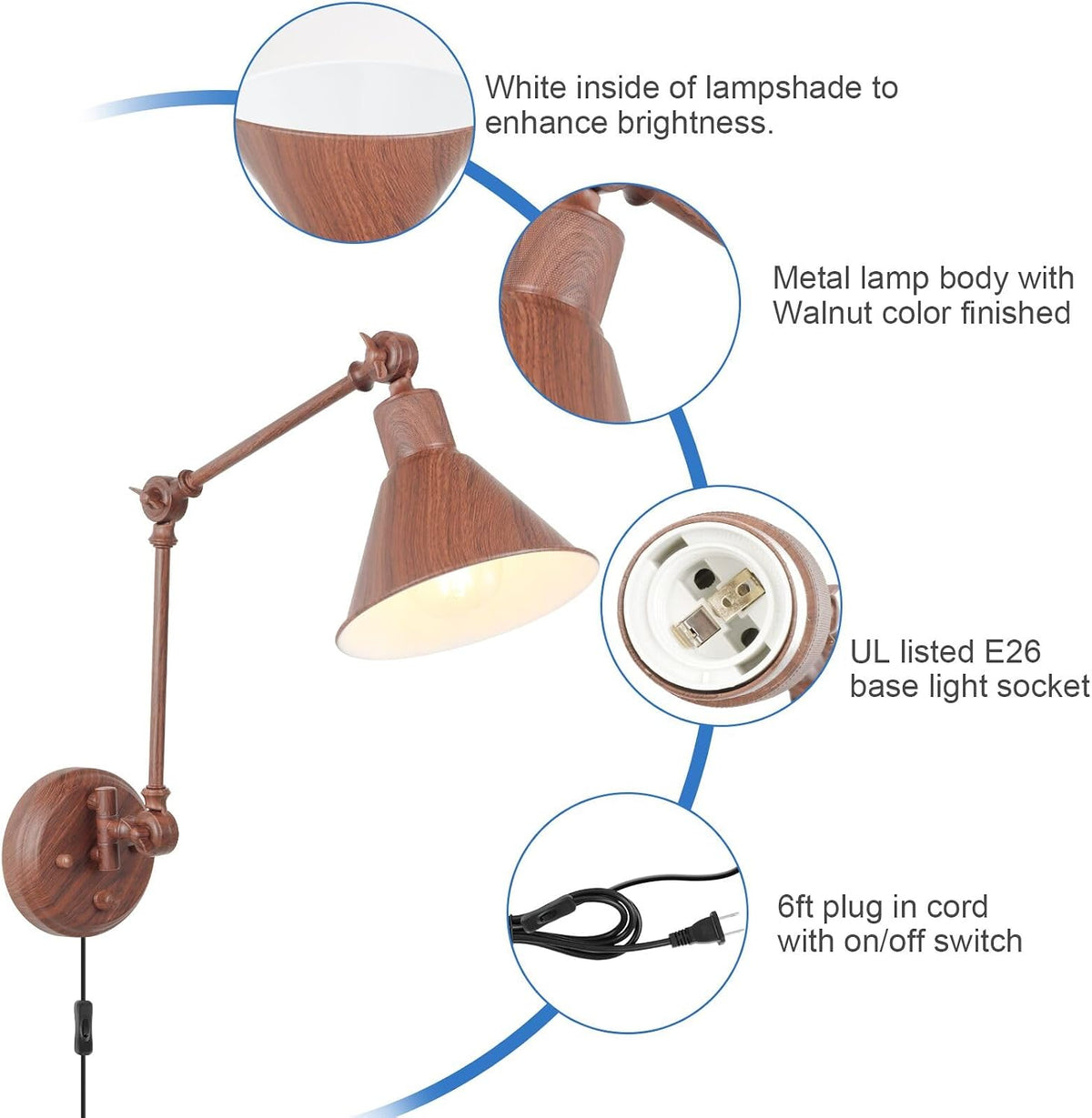 TRLIFE Plug in Wall Sconces, Dimmable Wall Sconces Set of 2 Plug in Swing Arm Wall Lights, Adjustable Wall Mounted