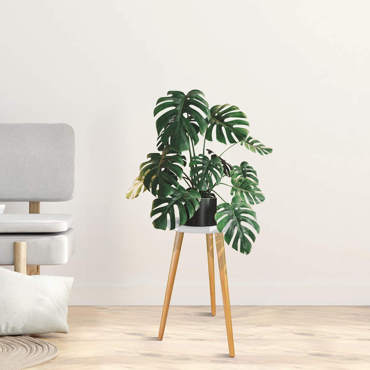 Indoor Plant Stand - Mid Century Wooden Plant Table, Tall Holder for Flower Pots, Small Round End Table (A3-White