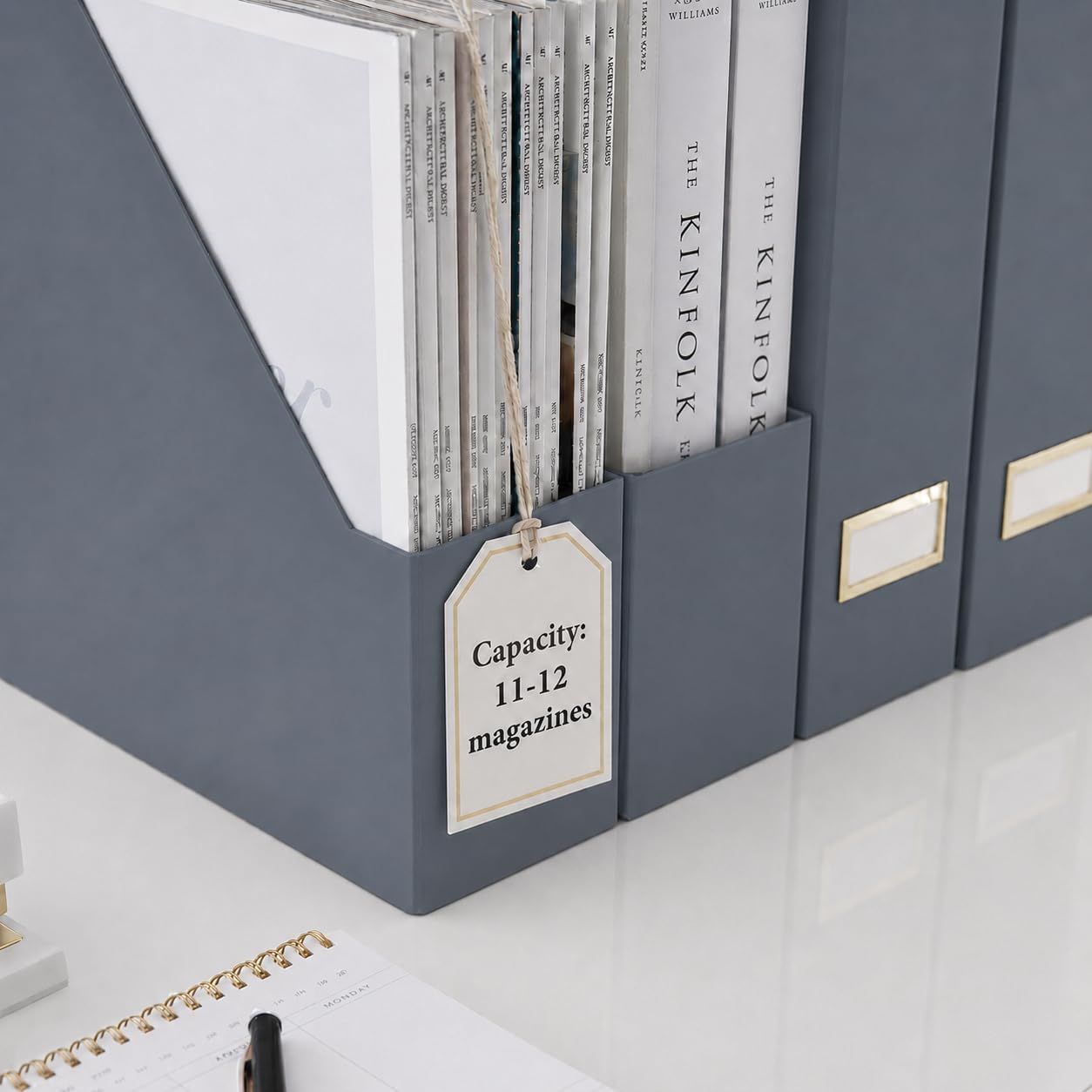 BLU MONACO | Set of 6 Foldable Grey Magazine File Holders with Gold Label Holders | Vertical File Organizer Boxes for