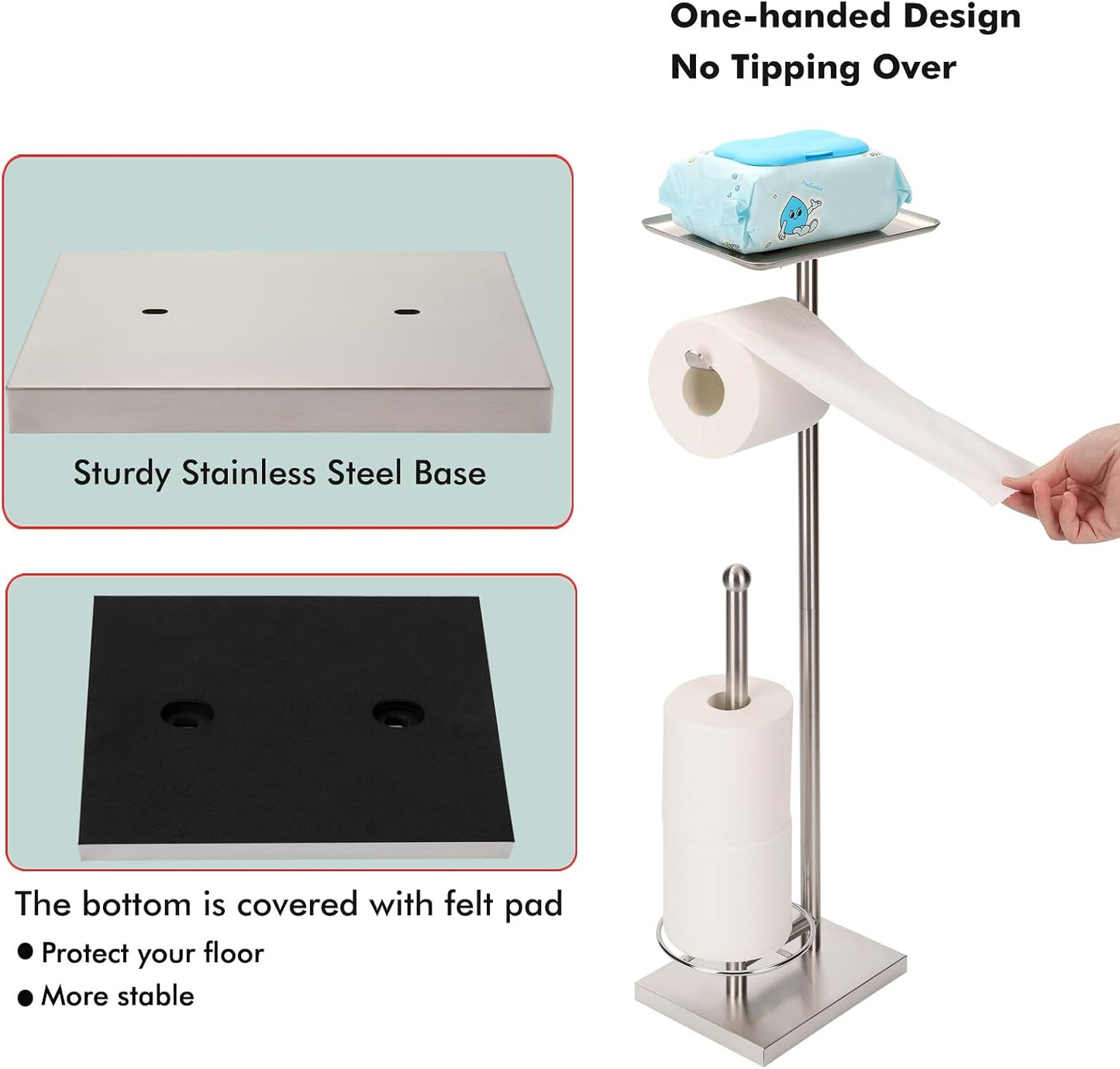 Toilet Paper Holder with Tray At the Top, Heavy-Weighted Stainless Steel Base No Wobbly, Freestanding Toilet Paper