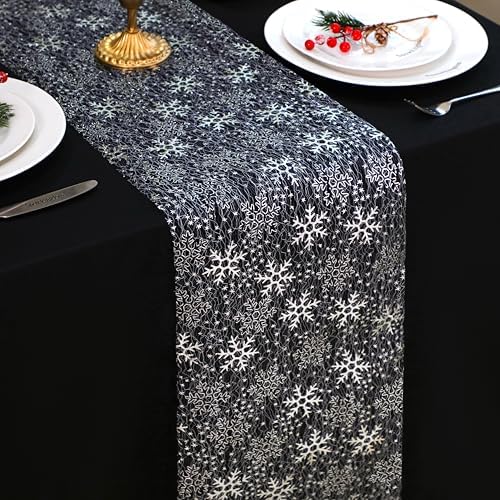 Snowkingdom Christmas Snowflake Silver Table Runner 11 Inch x 49 Feet Sparkly Silver Foil Glitter Metallic Mesh Runners Dining Table Decorations for Seasonal Winter Xmas Festival Holiday Home Party