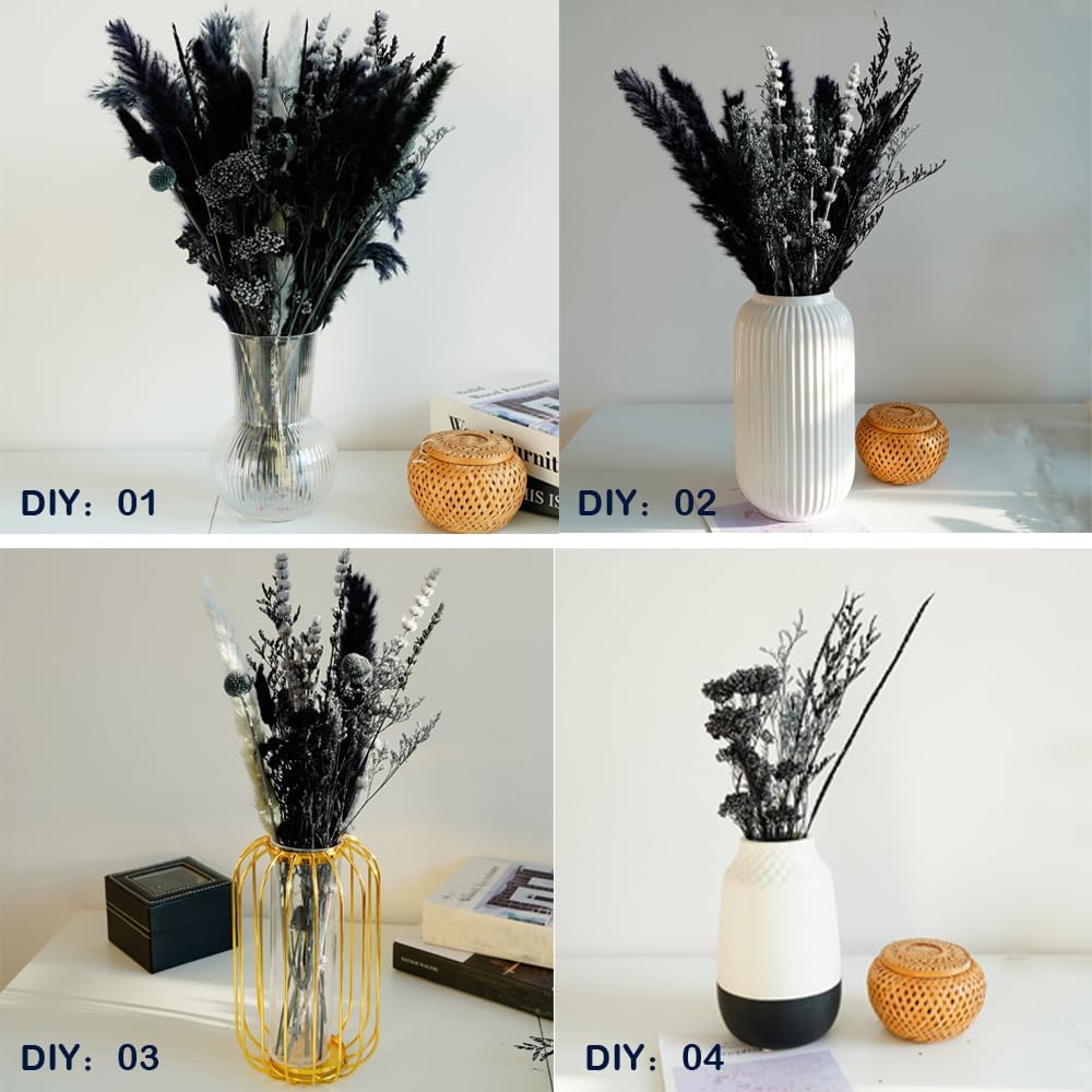 17" Black and Dark Grey Dried Flower Bouquet / Natural / Set of 7