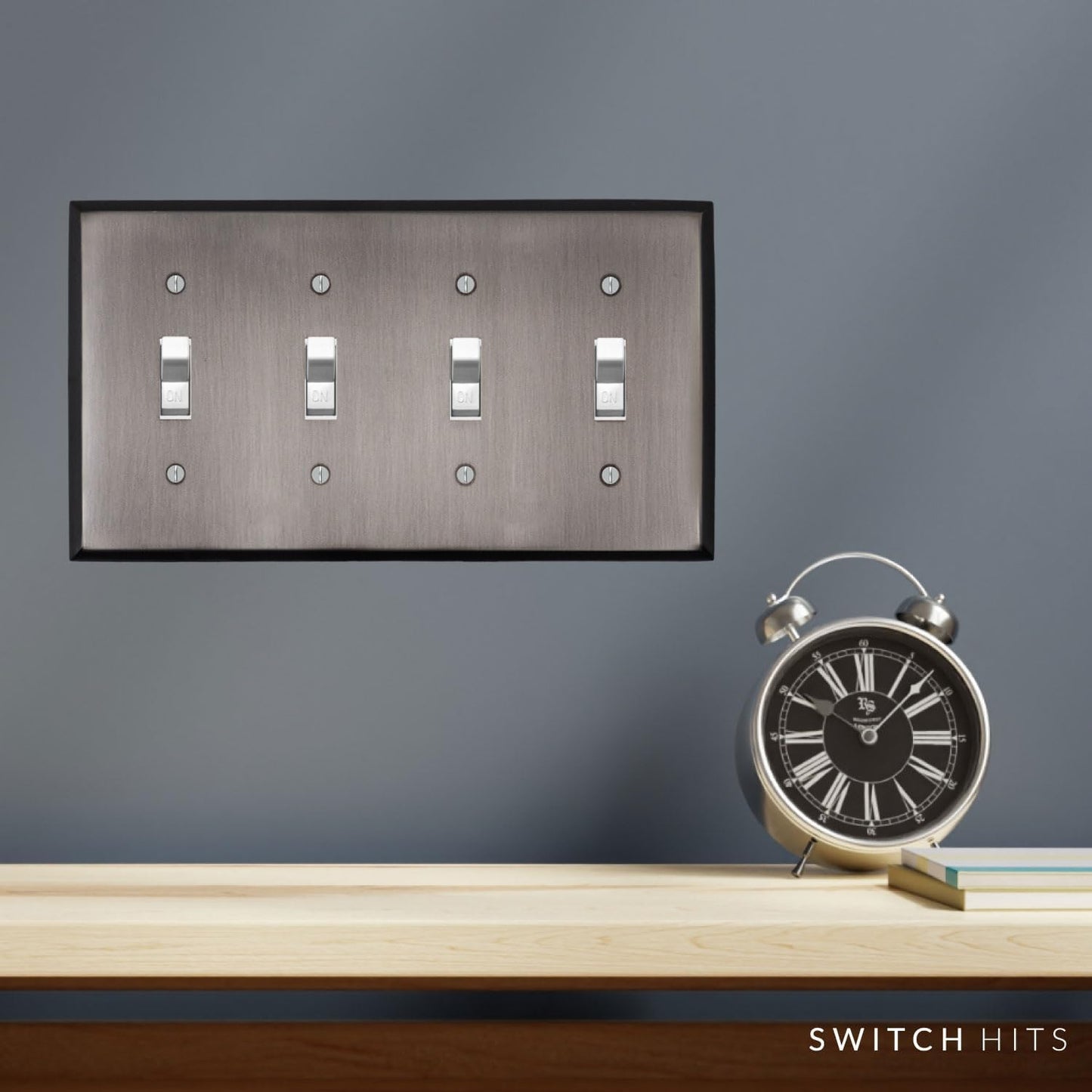 Antique Pewter Outlet Wall Plate | 4 Toggle | 8.25" x 4.5" | Hand-Polished Brass Construction | Electrical Switch Plate