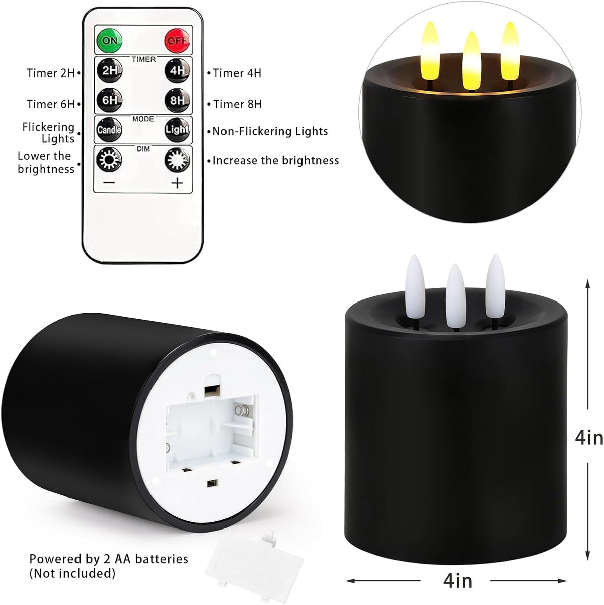 Large 3 Wick Flameless Candles Set of 2, 4"x4" Flickering LED Candles with Remote & Timer, Dimmable Real Wax Electric