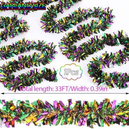 33Ft Christmas Tinsel Garland, Gold Green Purple Metallic Twist Foil Tinsel Garland Hanging Decor for Christmas Tree Birthday Kwanzaa Party Indoor Outdoor Party Supplies - Gold Green Purple