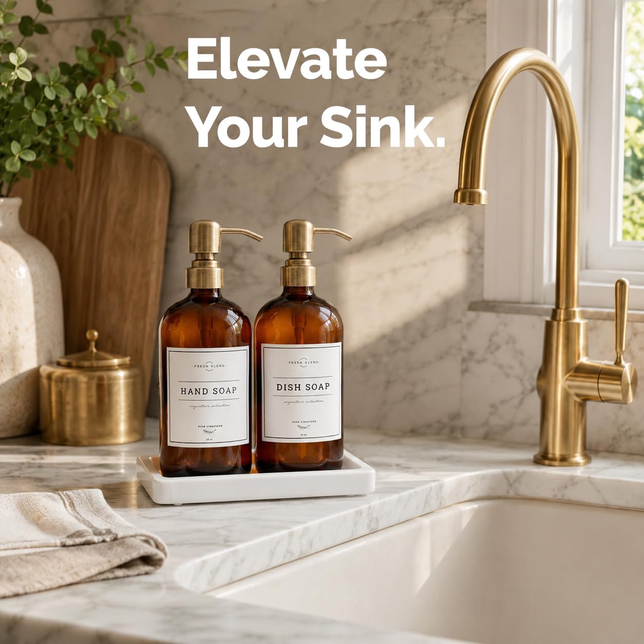 Vine Creations Amber Glass Soap Dispenser, 2 Pack Kitchen Soap Dispenser Set with Ceramic Tray, Stainless Steel Pump