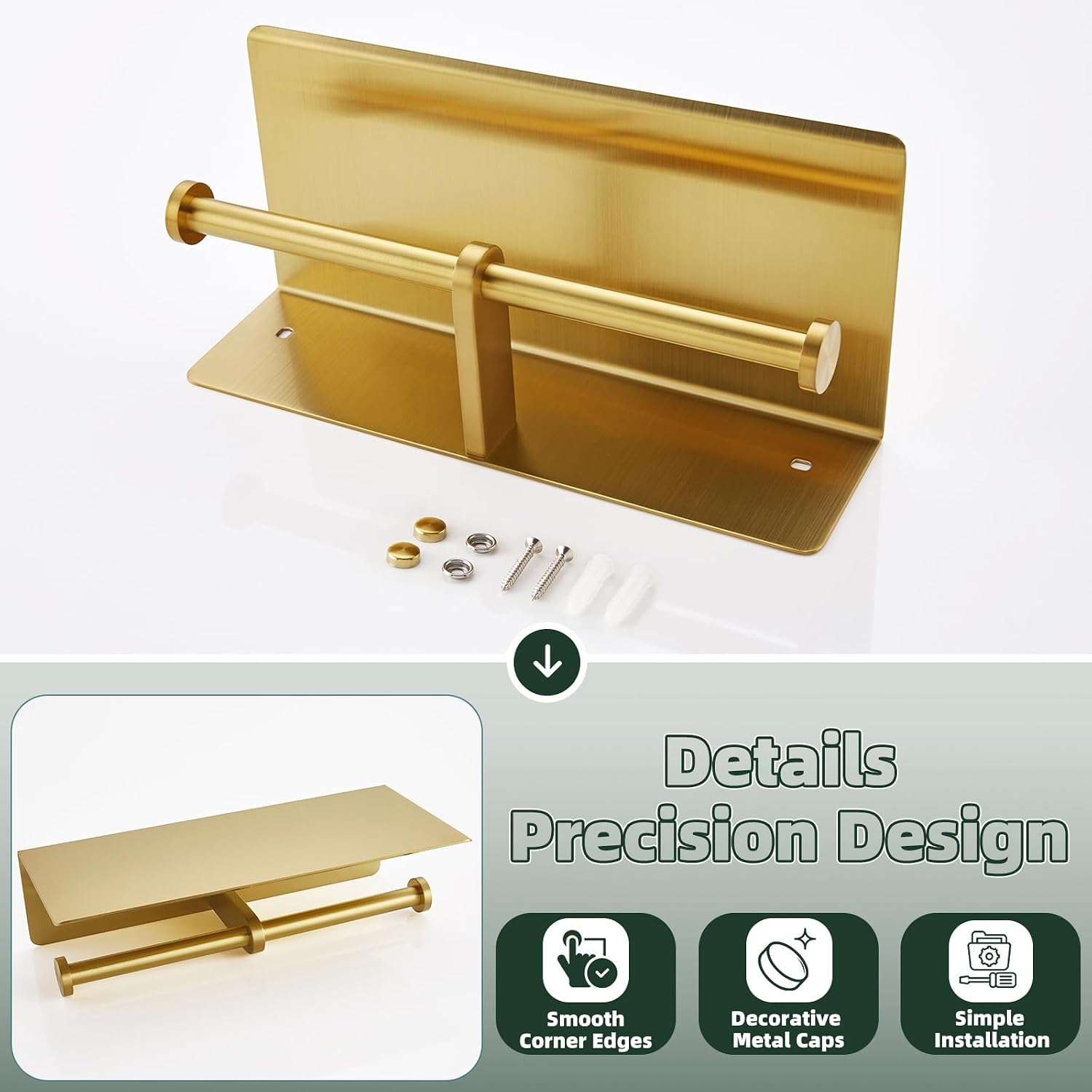 APLusee Double Roll Toilet Paper Holder, Brushed Gold, 304 Stainless Steel | Wide Utility Shelf, Phone & Wet Wipe