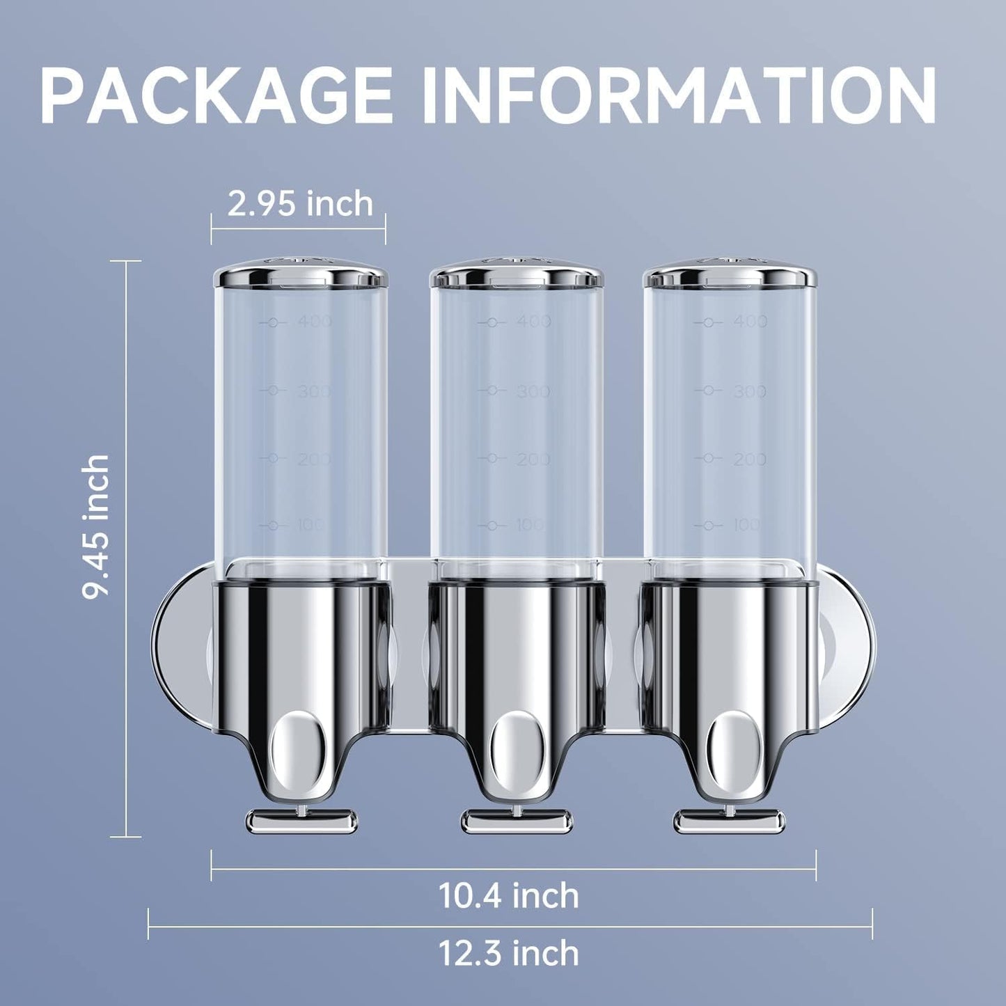 Stainless Steel Drill Free Triple Wall Mount Soap Dispenser Set Shower Bathroom Pump, 3 x 500ML Shampoo Conditioner