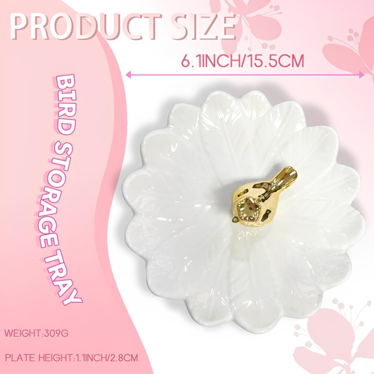 Golden Bird Ceramic Ring Holder Dish for Women / White