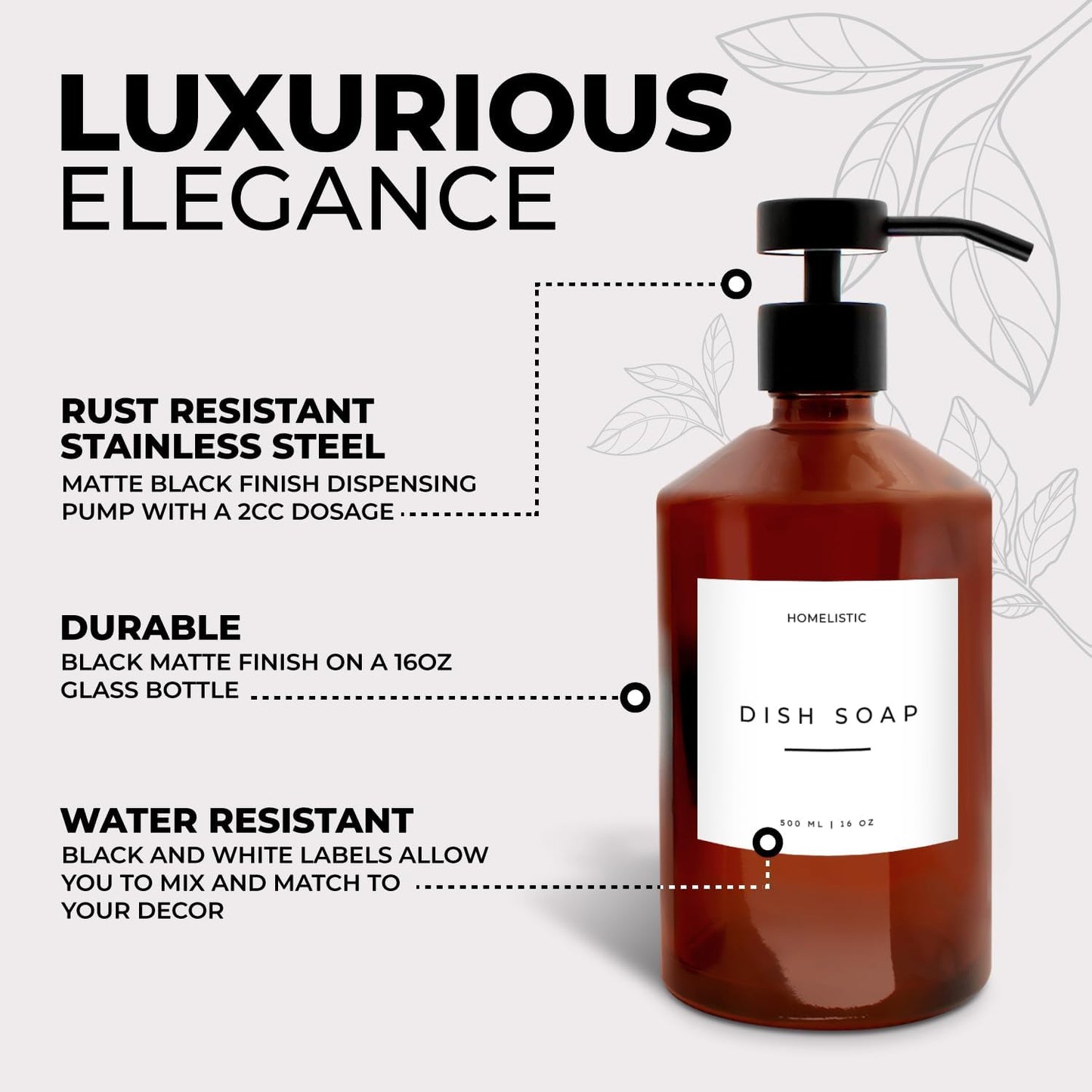 Luxury Glass Soap Dispenser Set of 2 - Elegant Amber Bottles with Matte Black Pumps, Ideal for Kitchen and Bathrooms