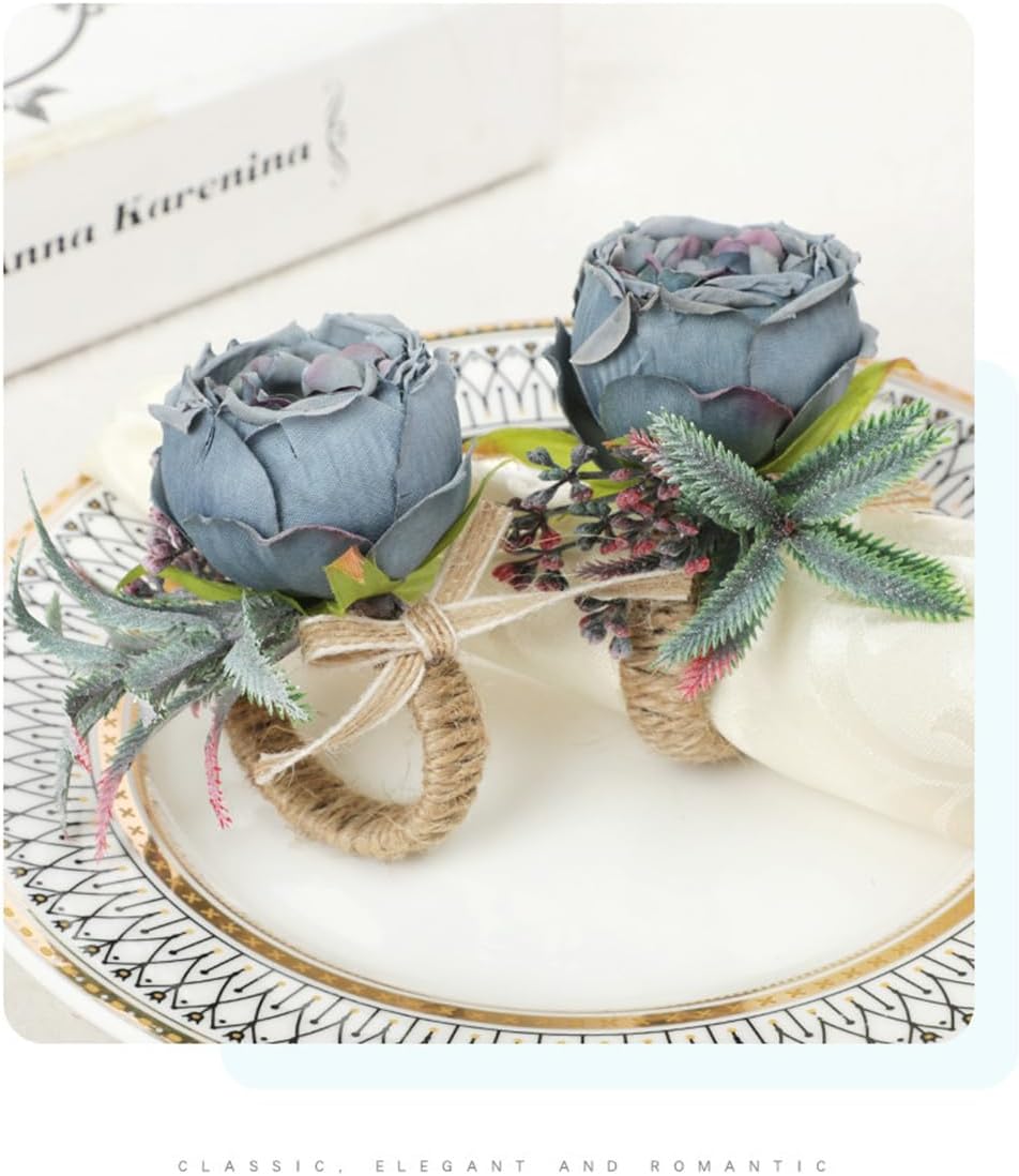 Floral Napkin Rings Set of 6,Rustic Rose Napkin Rings Flower Dinner Napkin Holder for Table Decoration (26#Blue)