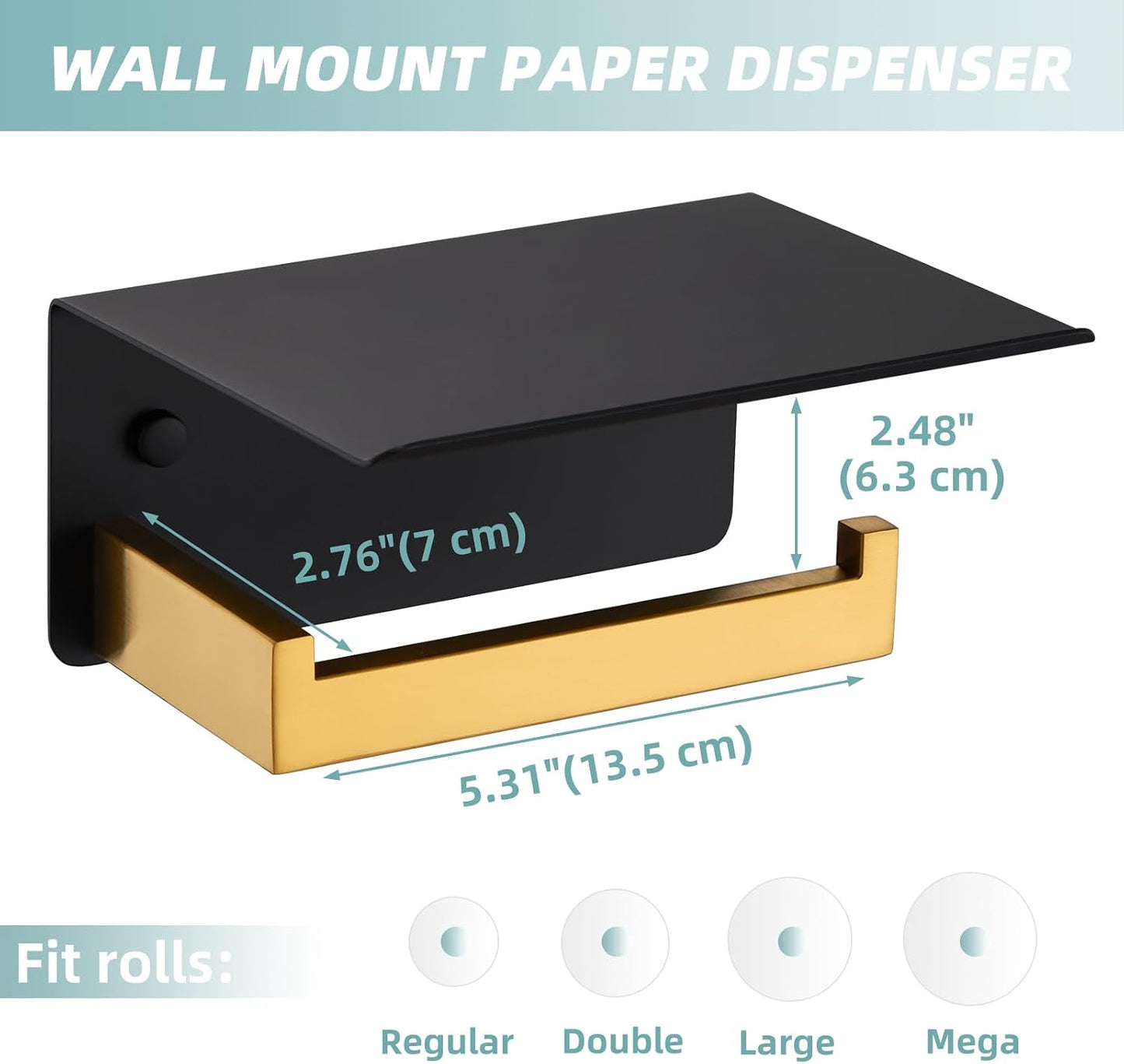 APLusee Black and Gold Toilet Paper Holder with Storage Shelf, Wall Mounted | 304 Stainless Steel Tissue Holder