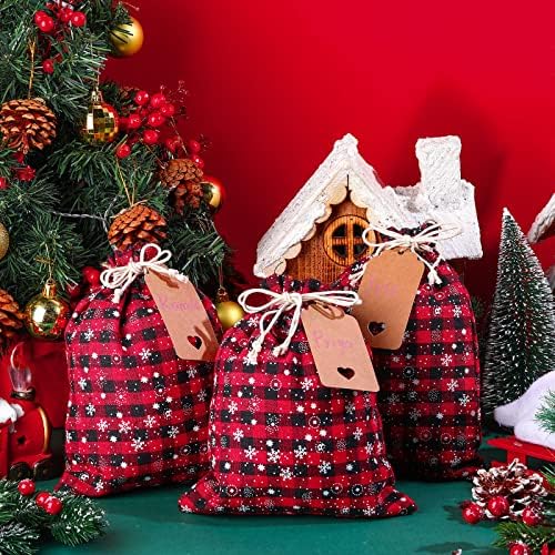 Shappy 24 Pcs Christmas Drawstring Gift Bags Xmas Buffalo Plaid Burlap Advent Bags 10 x 8 Inches Linen Treat Candy Bag with 32.8 ft Rope 24 Card(Black Red Snowflake)