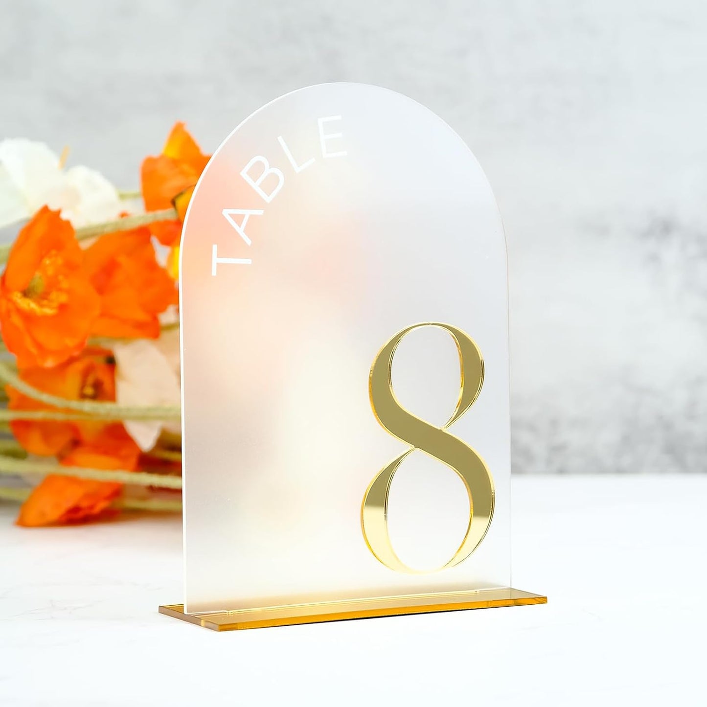 Frosted Arch Wedding Table Numbers 1-15, Gold Numbers and Stands | 15 Pack 5x7 Inch Frosted Arch Acrylic Sign with