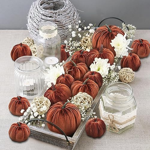 Woration 16pcs Thanksgiving Halloween Artificial Brown Velvet Pumpkins