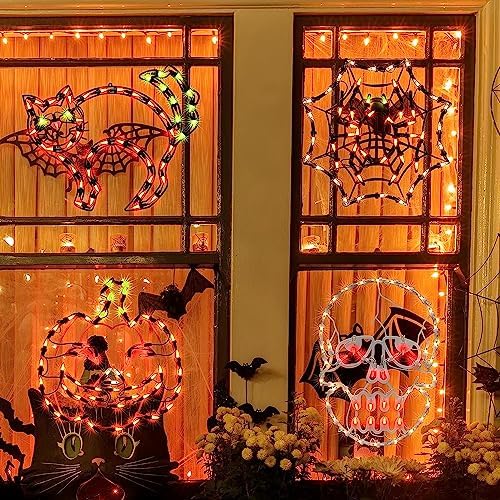 LAMPHOME Halloween Decorations - Window Silhouette Holiday Displays, Lighted Jack-O-Lantern, Cobweb, Skull, Cat for Party, Home, Indoor, Tabletop Ornaments (4-Pack)