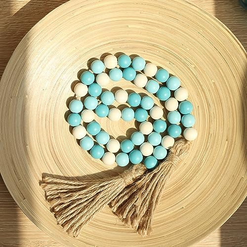 Meplait Wood Bead Garland, 39in Decorative Tassels Garland, Blue&Natural