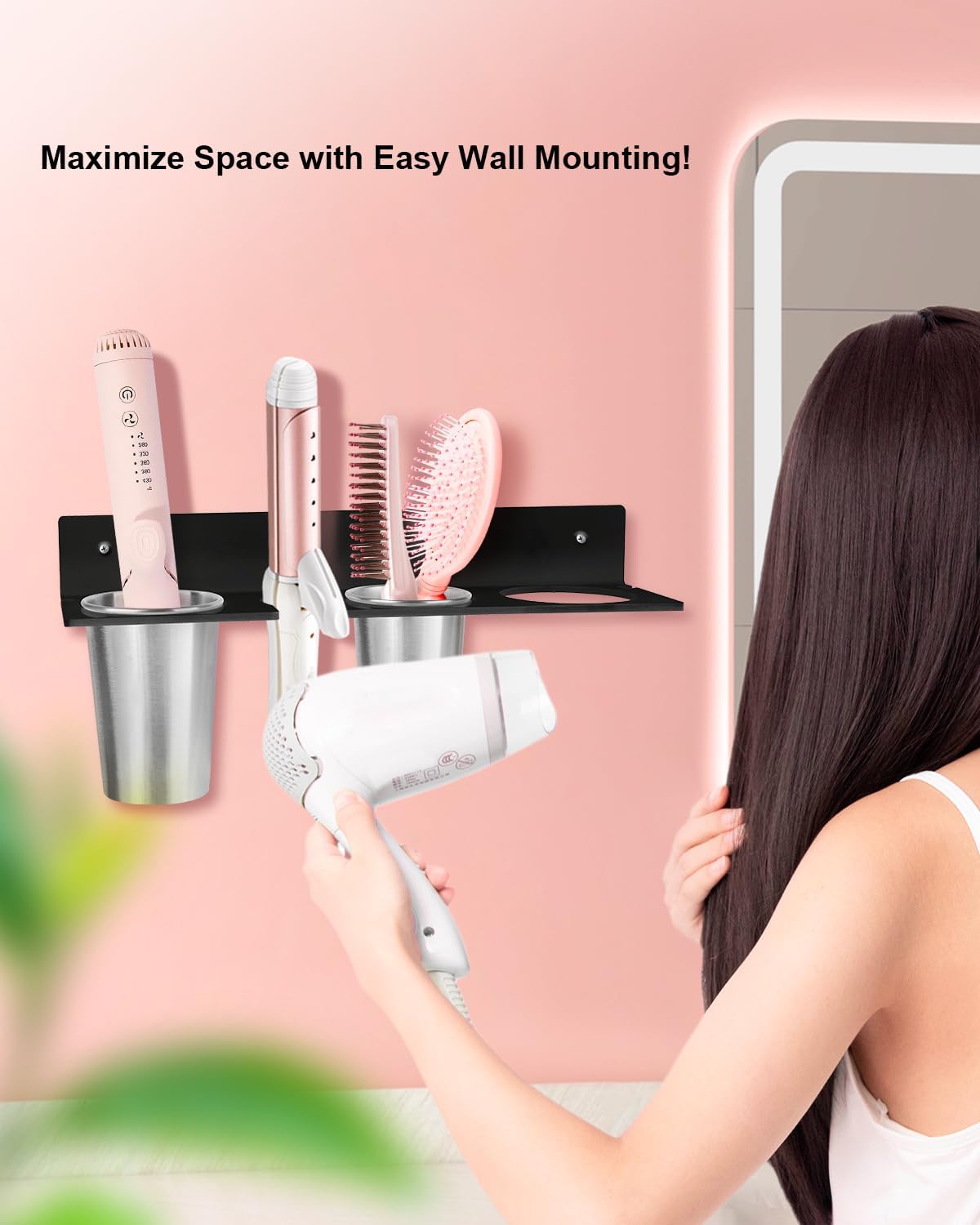 Hair Tool Organizer, Hair Dryer Holder with Heatproof Steel Cups, Acrylic Vanity Organizer for Curling Iron, Flat Iron