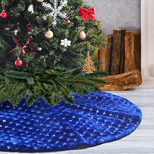 Christmas Tree Skirt Blue 36 Inch Faux Fur with Silver Sequins Soft Thick Plush Tree Skirt for Christmas Holiday Home Decoration
