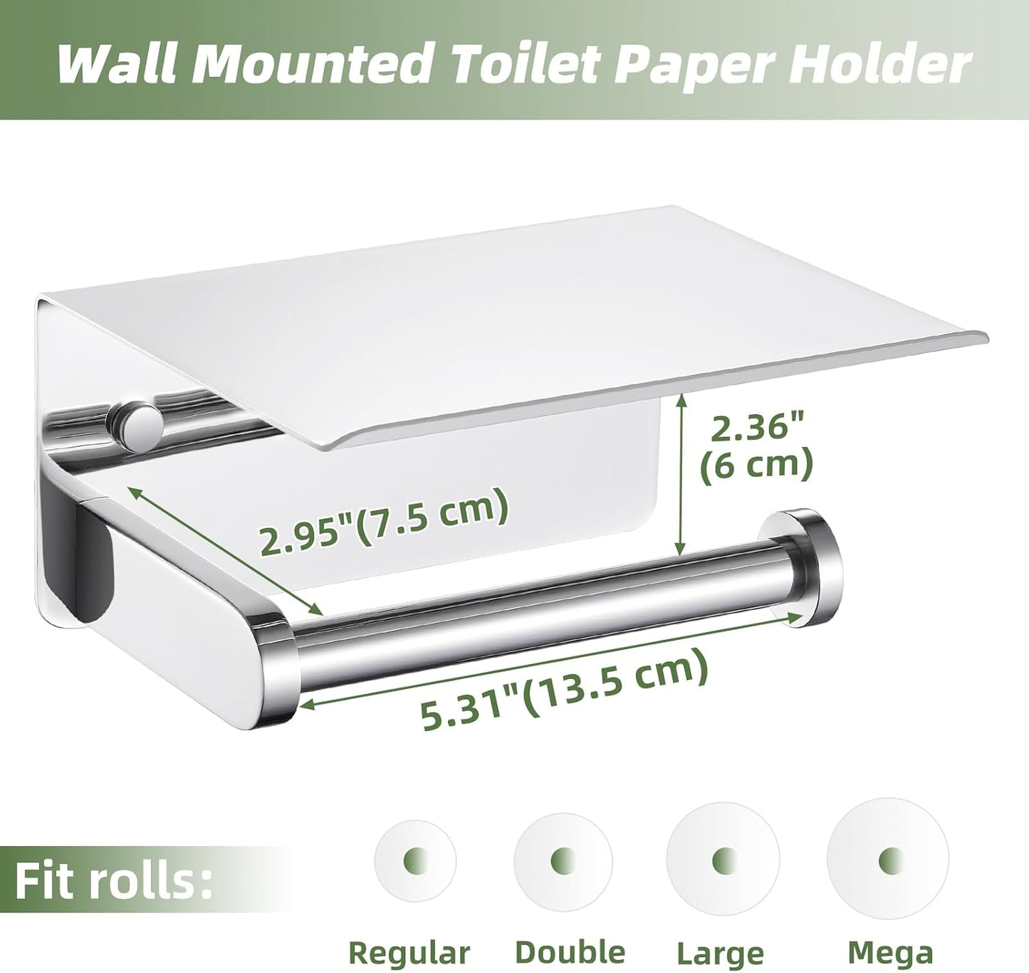 APLusee Polished Chrome Toilet Paper Holder with Phone Shelf, Wall Mounted | Sturdy 304 Stainless Steel, Fits Bathroom
