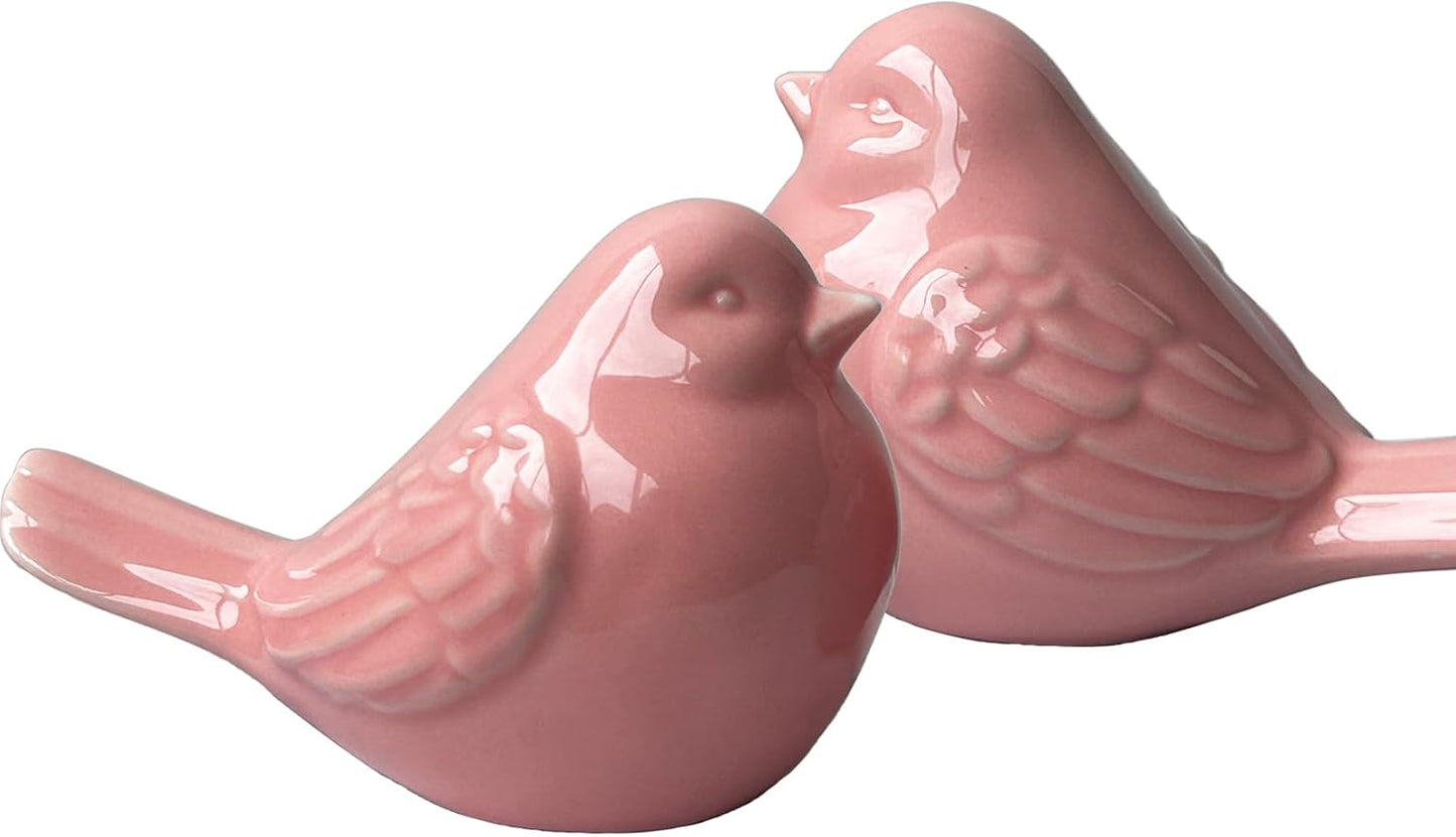 Decorative Glazed Ceramic Bird Figurine / Pink / Set of 2