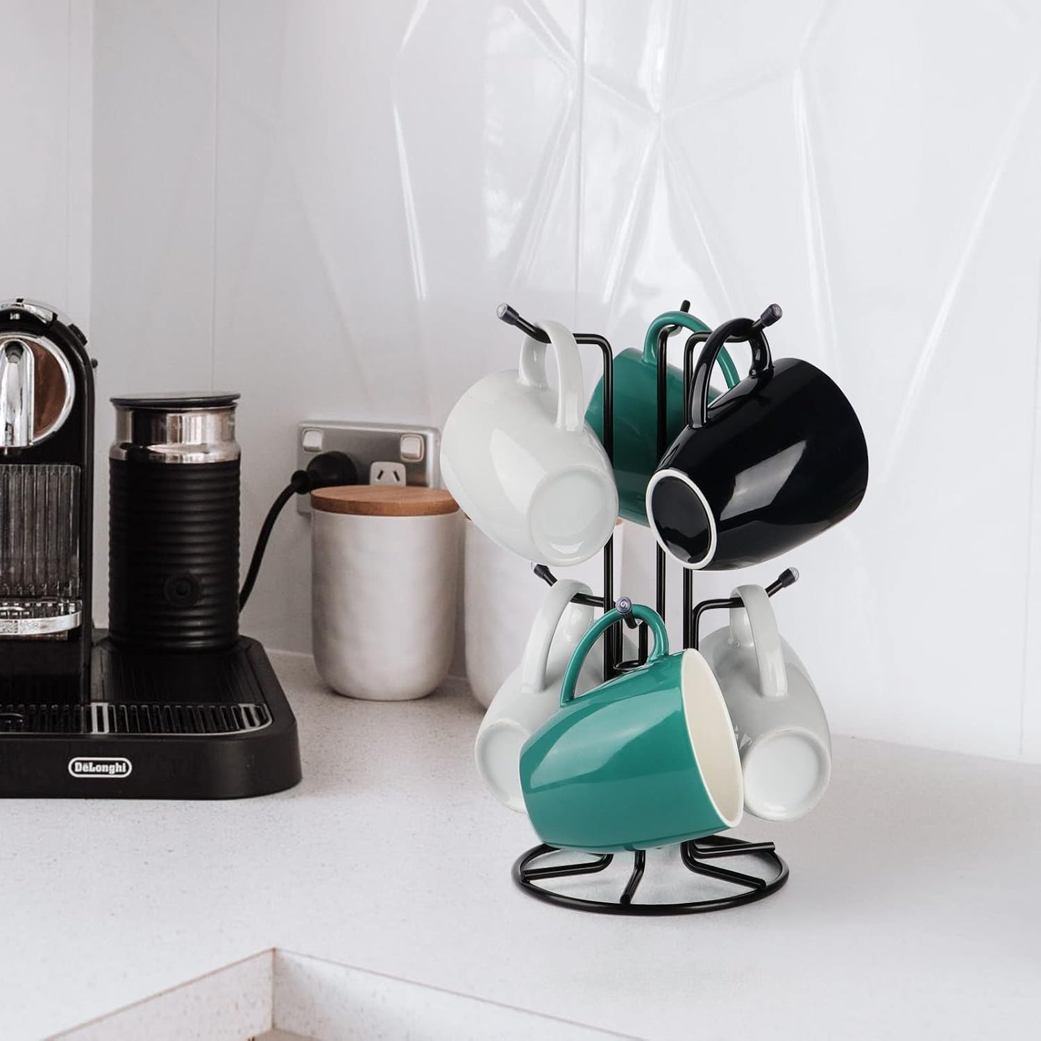 HULISEN Mug Tree for Large Cups, 6 Hook Countertop Coffee Mug Holder, Black | Cup Rack for Counter, Stable Wide Base