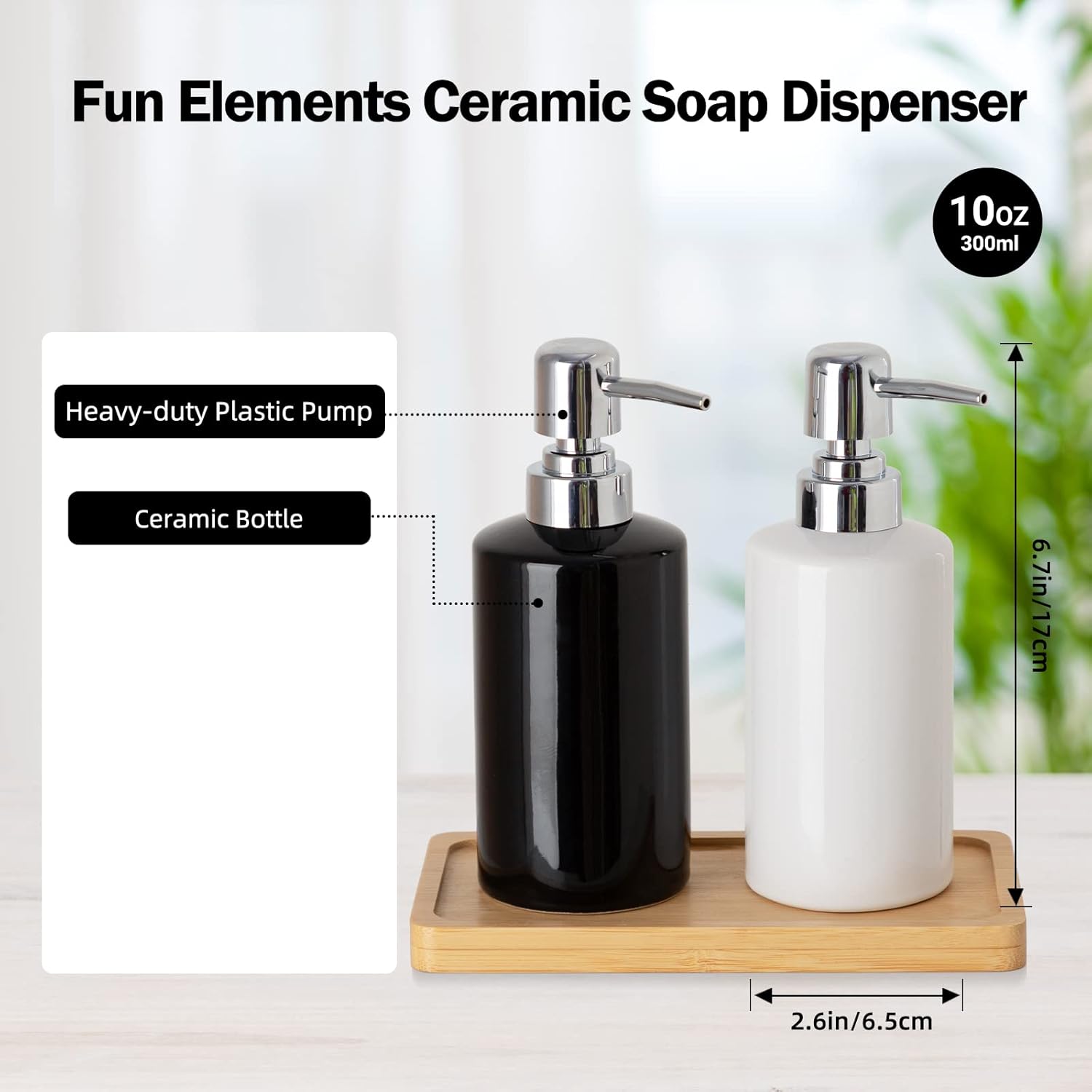 FE Soap Dispenser, 300ml/10oz Ceramic Liquid Soap Pump Dispenser, Refillable Dish Soap Dispenser for Kitchen Bathroom