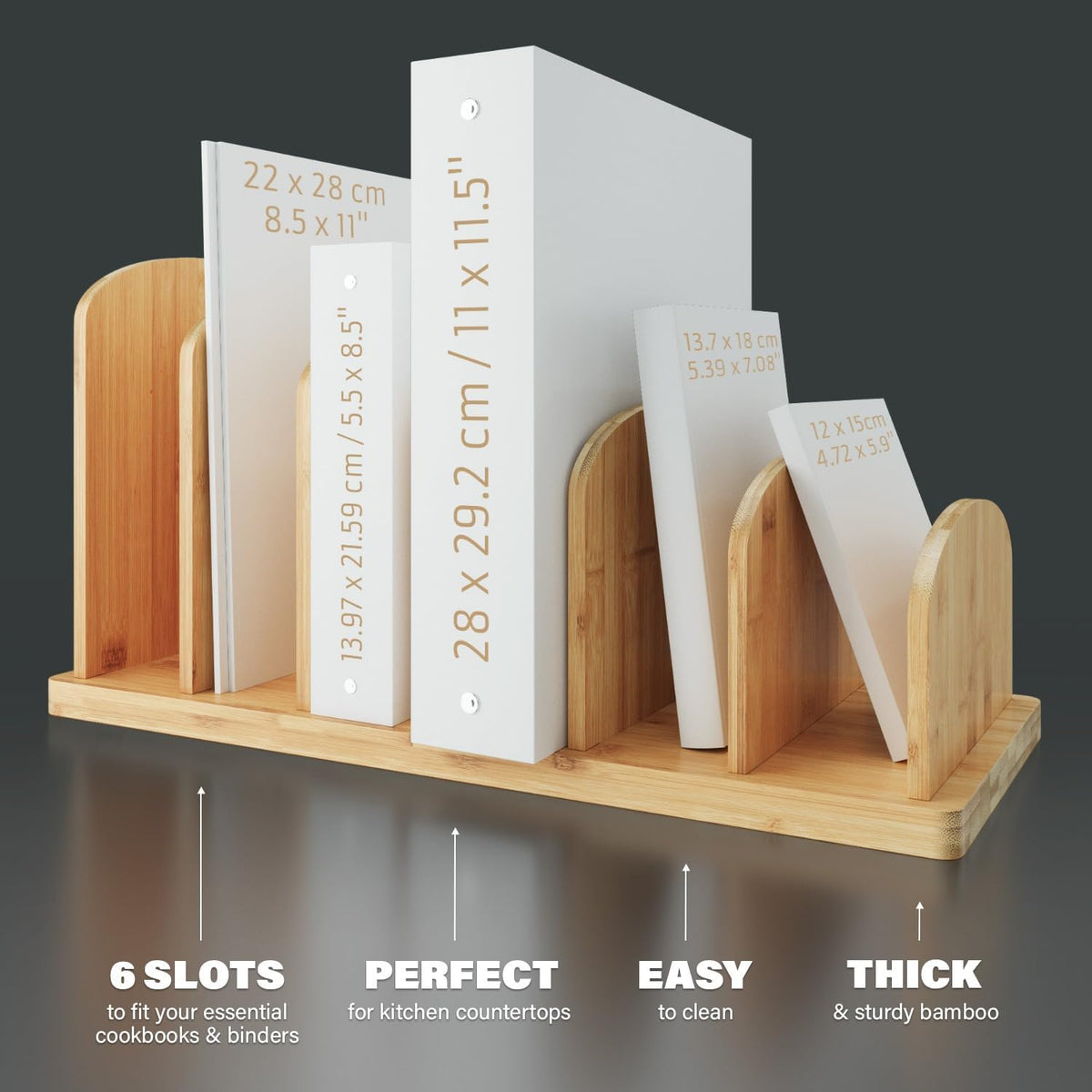 Cook Book Organizer, 6 Sections, Recipe Book Holder Rack, Tabletop Stand for Convenient Cookbook Storage, Vertical Cook