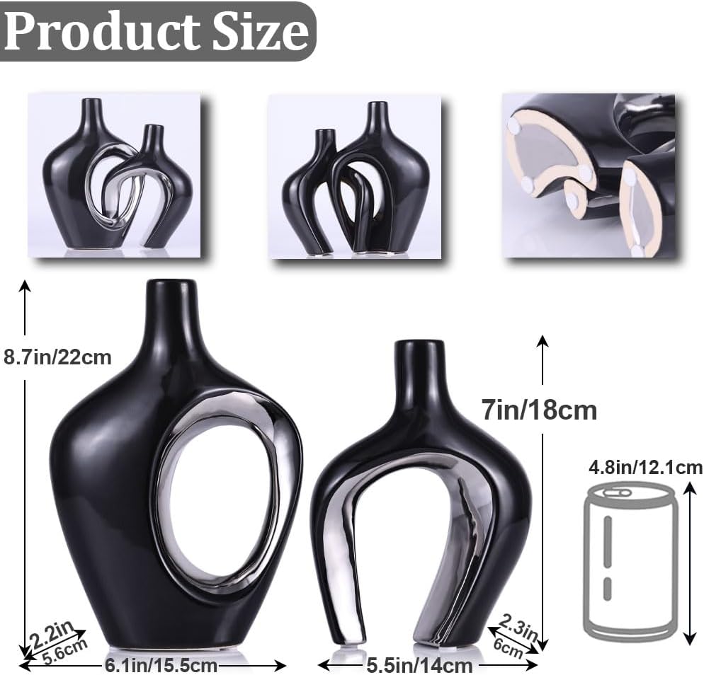 Hollow Ceramic Vase / Black and Silver / Set of 2
